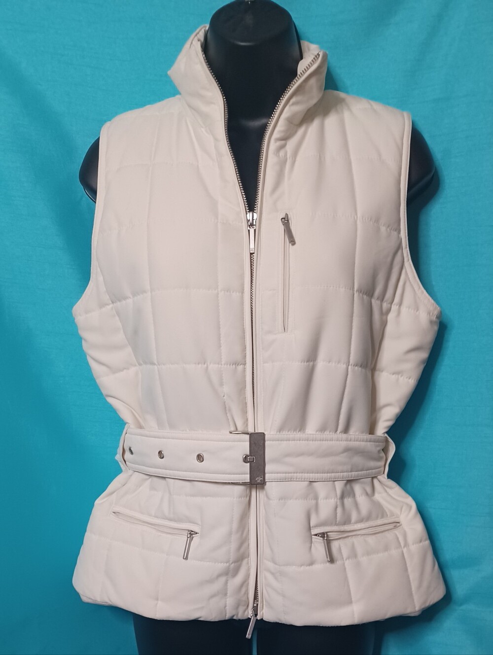 Ralph Lauren Cream Quilted Belted Vest. Size M
